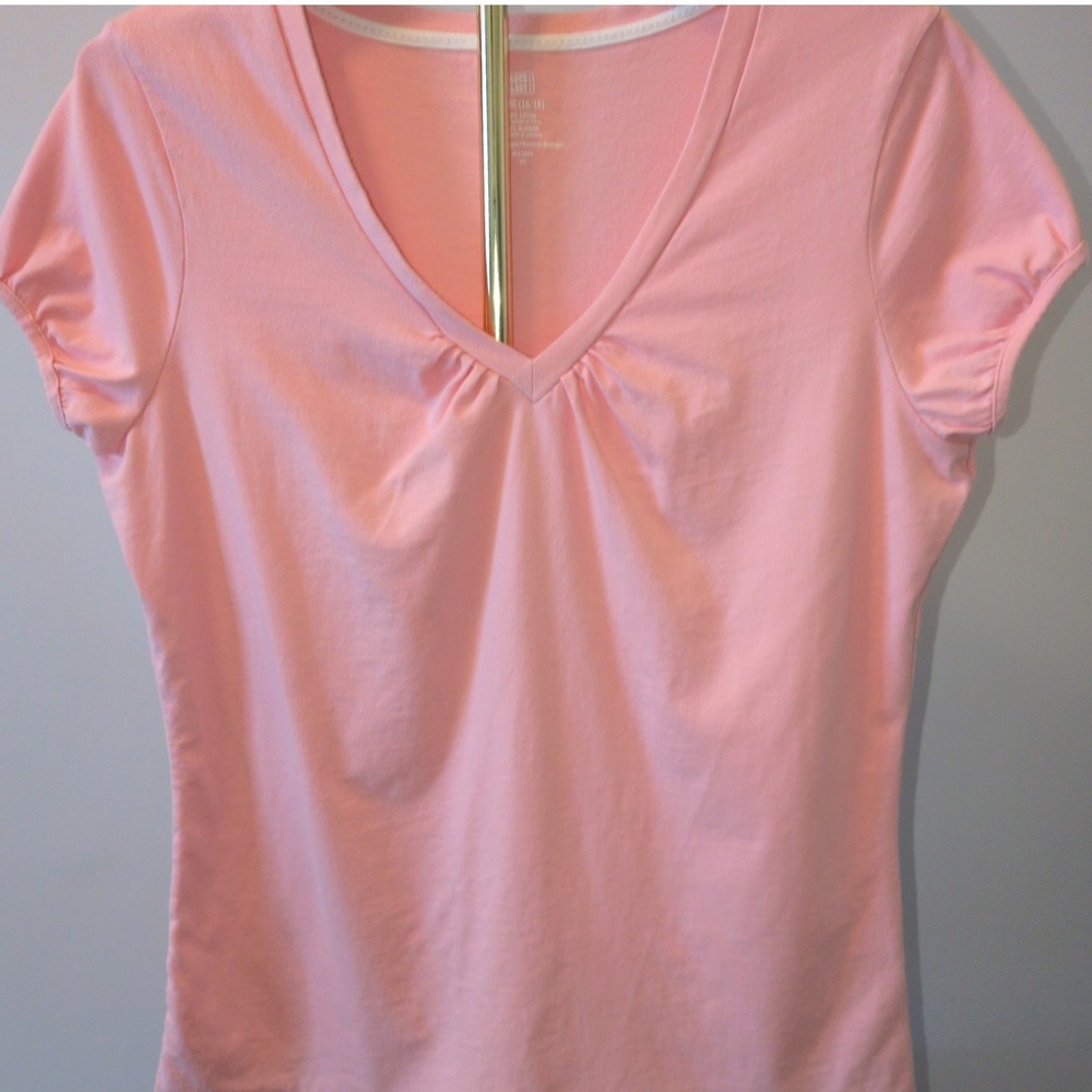 Faded Glory T-Shirt Women XL Pink Lemonade Ruched V-Neck Puff Sleeve FFFL19T162
